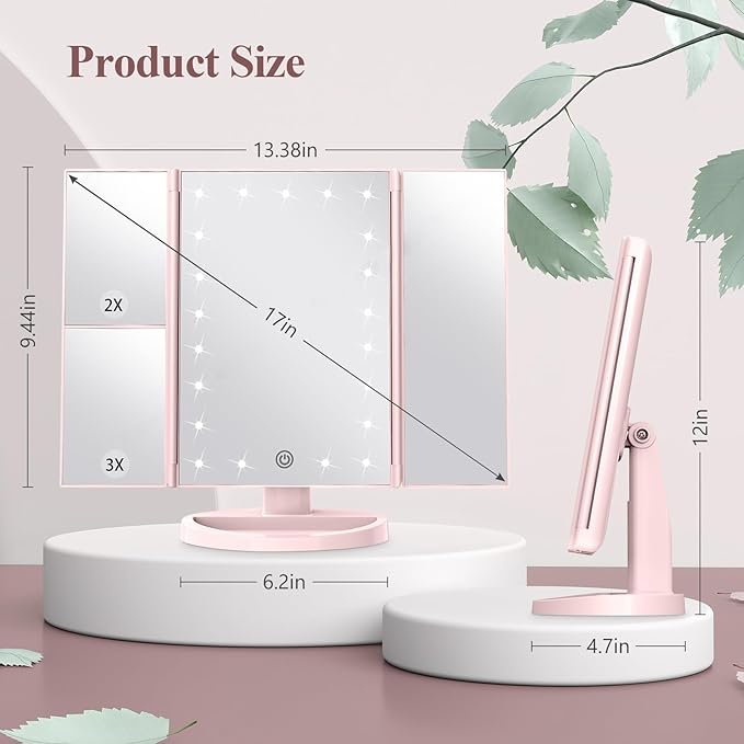 HUONUL Makeup Mirror Vanity with Lights, 2X 3X 10X Magnification, Lighted Mirror, Touch Control, Trifold Dual Power Supply, Portable LED Women Gift (Pink)