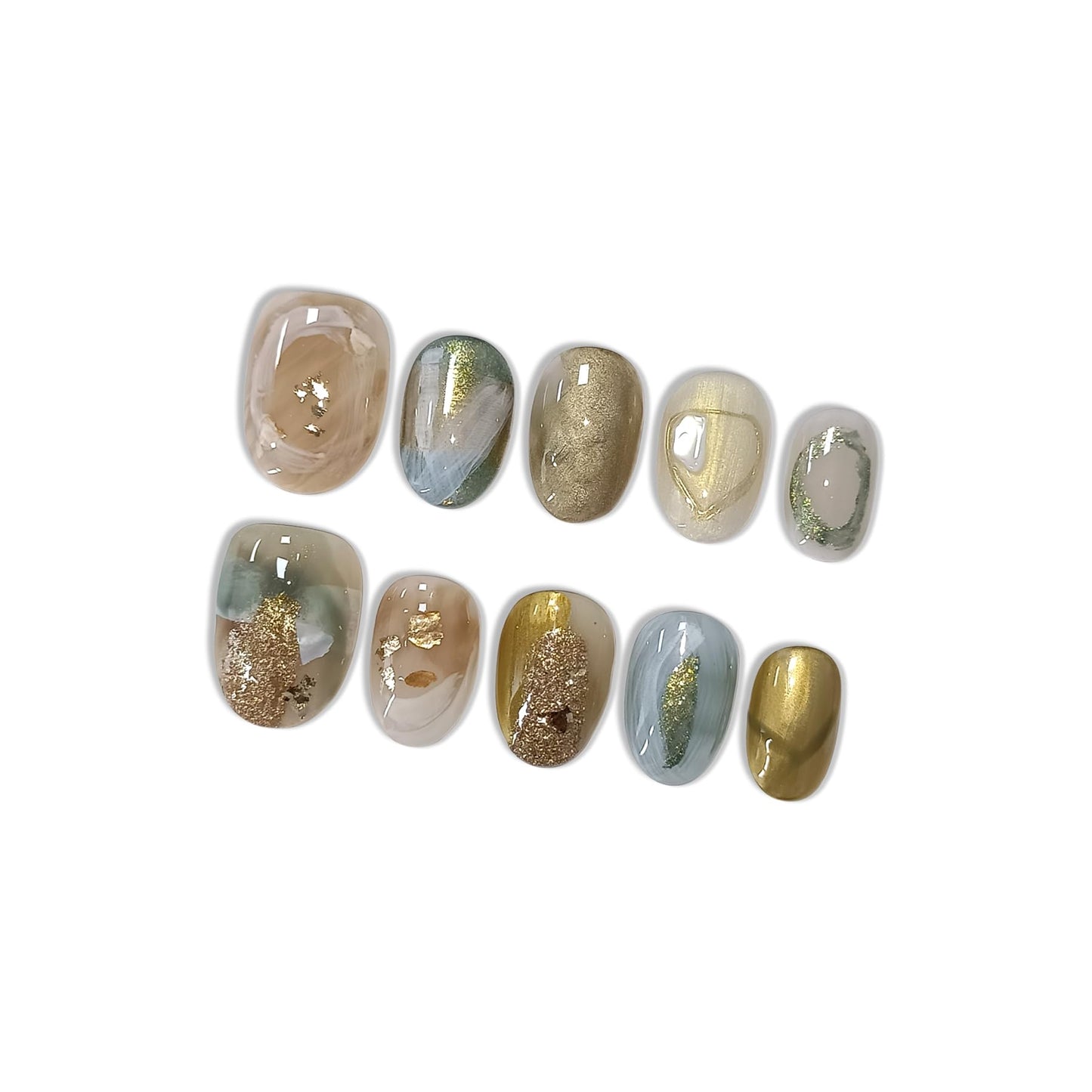 Hantyer Golden Ombre Press on Nails with 3D Glitter Flakes & Gold Foil, Short Oval Glossy Soft Glam Fake Nails, Reusable Elegant False Nails for Women Fall Winter Season Party, Size L