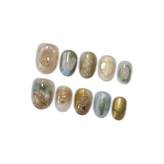 Hantyer Golden Ombre Press on Nails with 3D Glitter Flakes & Gold Foil, Short Oval Glossy Soft Glam Fake Nails, Reusable Elegant False Nails for Women Fall Winter Season Party, Size L