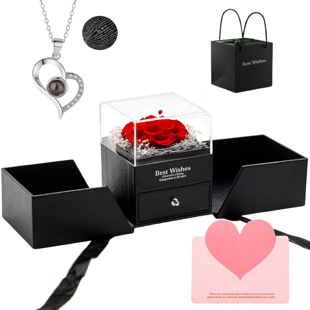 Preserved Real Rose with Heart I Love You Necklaces for Women in 100 Languages - Eternal Red Flowers Gifts for her Romantic Gift Set for Girlfriend Birthday Anniversary on Valentines Mothers Day