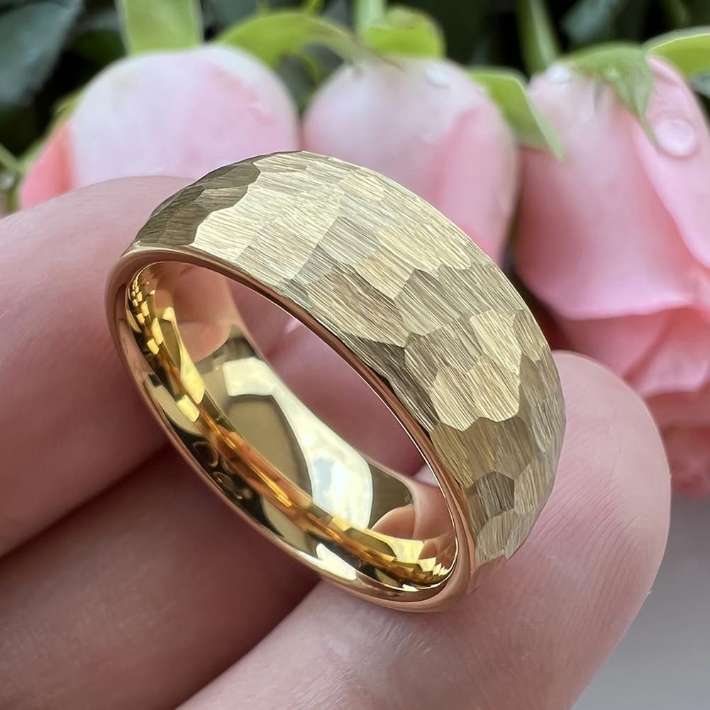 TUTISS 8mm Gold Hammered Tungsten Rings for Men Women Engagement Wedding Bands Domed Matte Finish Comfort Fit Size 15