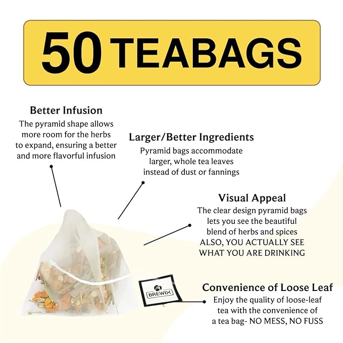 BREWIX, Turmeric Ashwagandha Herbal Tea (50 Pyramid Tea Bags) Adaptogenic Herbs for Stress & Mood Support | Evening Calm & Sleep Support | Real Ingredients From India, Caffeine Free & Naturally Gluten Free