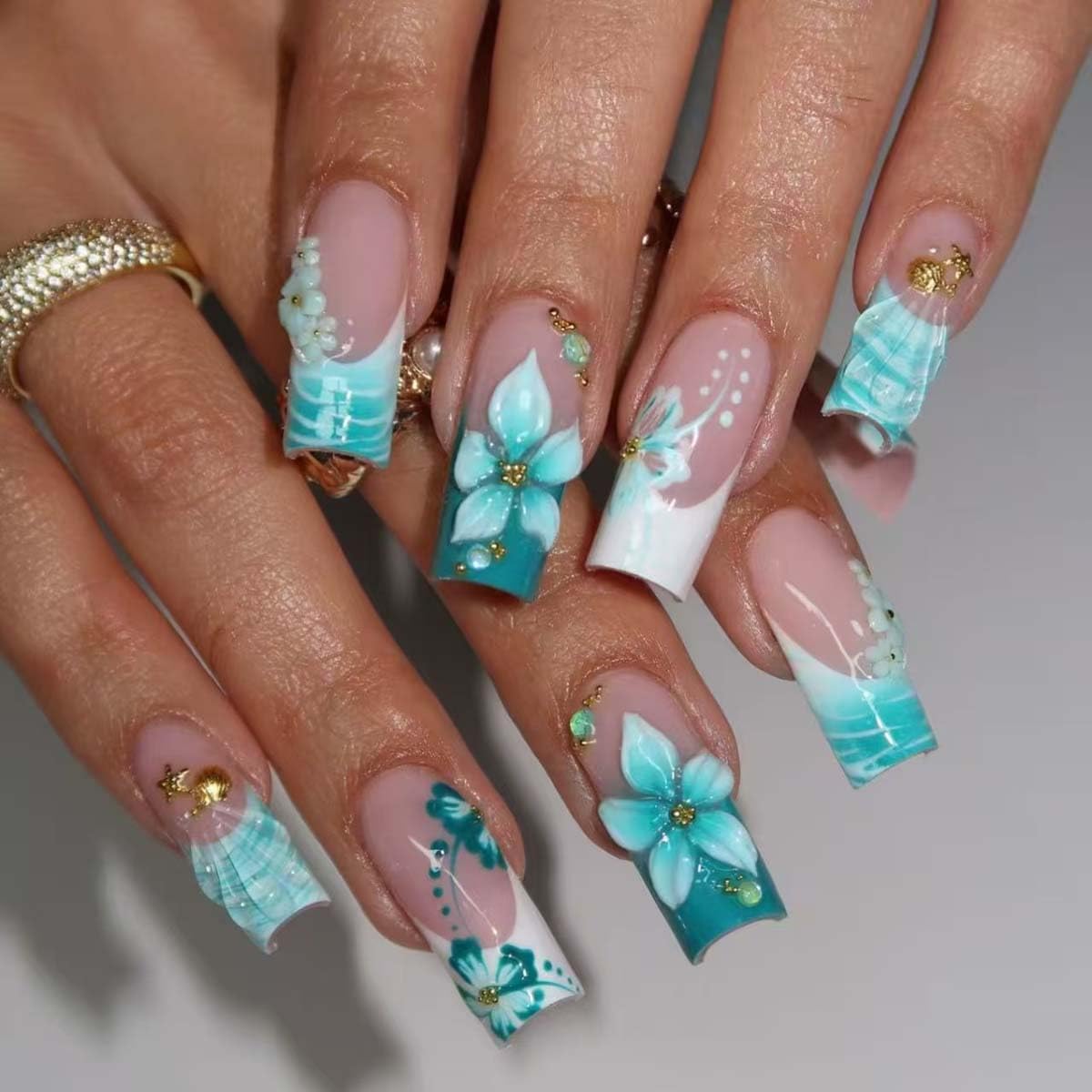 LINMEIZAI 24Pcs French Press on Nails Medium Square Blue Flower Fake Nails Press ons Nail Tips, Stick on Nails Acrylic Nails Kit False Nails with Gold Beads Design Nail Art for Women Cheerful Manicure