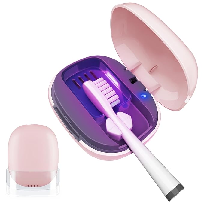 Toothbrush Covers Case San itizer and Holder with Light,Toothbrush Covers with Holder, Rechargeable Portable Toothbrush Cleaner Case（Pink）