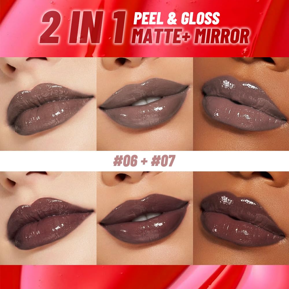 2Pcs Liquid Lip Stain Peel Off Lip liner and Lip oil with Tweezer, Dual-Ended Peel Off Lip Stain Tattoo, Highly Pigmented Long Lasting Waterproof, Transfer-proof for All Skin Types, 06#+07#