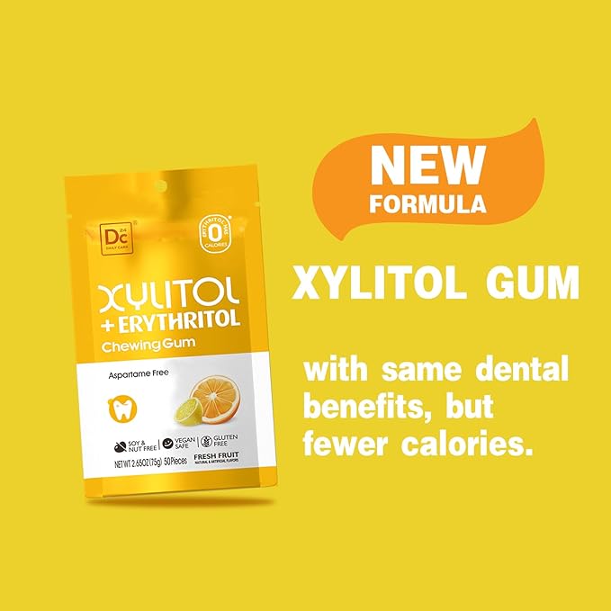 DC24 DAILY CARE Gum, Aspartame Free & Sugar Free, Xylitol Chewing Gum with Erythritol, Low-Calorie, Sugarless, Fresh Fruit Flavored Gum, 50 Pieces (Pack of 1)