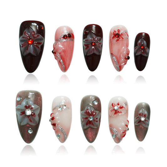 Tesytto Handmade Floral Press on Nails - Medium Almond 3D Embossed Rhinestones & Red Ombre, Thick Acrylic Gel Nails for Parties, Valentine's Day (Evil Flower,S)