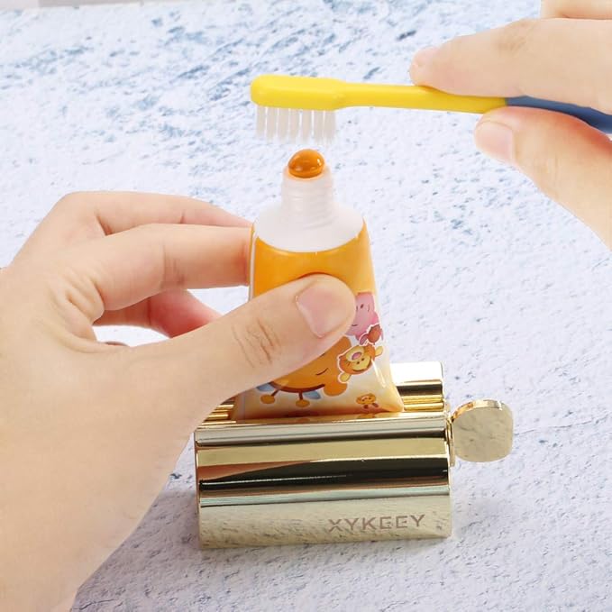 XYKEEY Toothpaste Tube Squeezer - Set of 2 Toothpaste Squeezer Rollers, Metal Toothpaste Tube Wringer Seat Holder Stand (Gold)