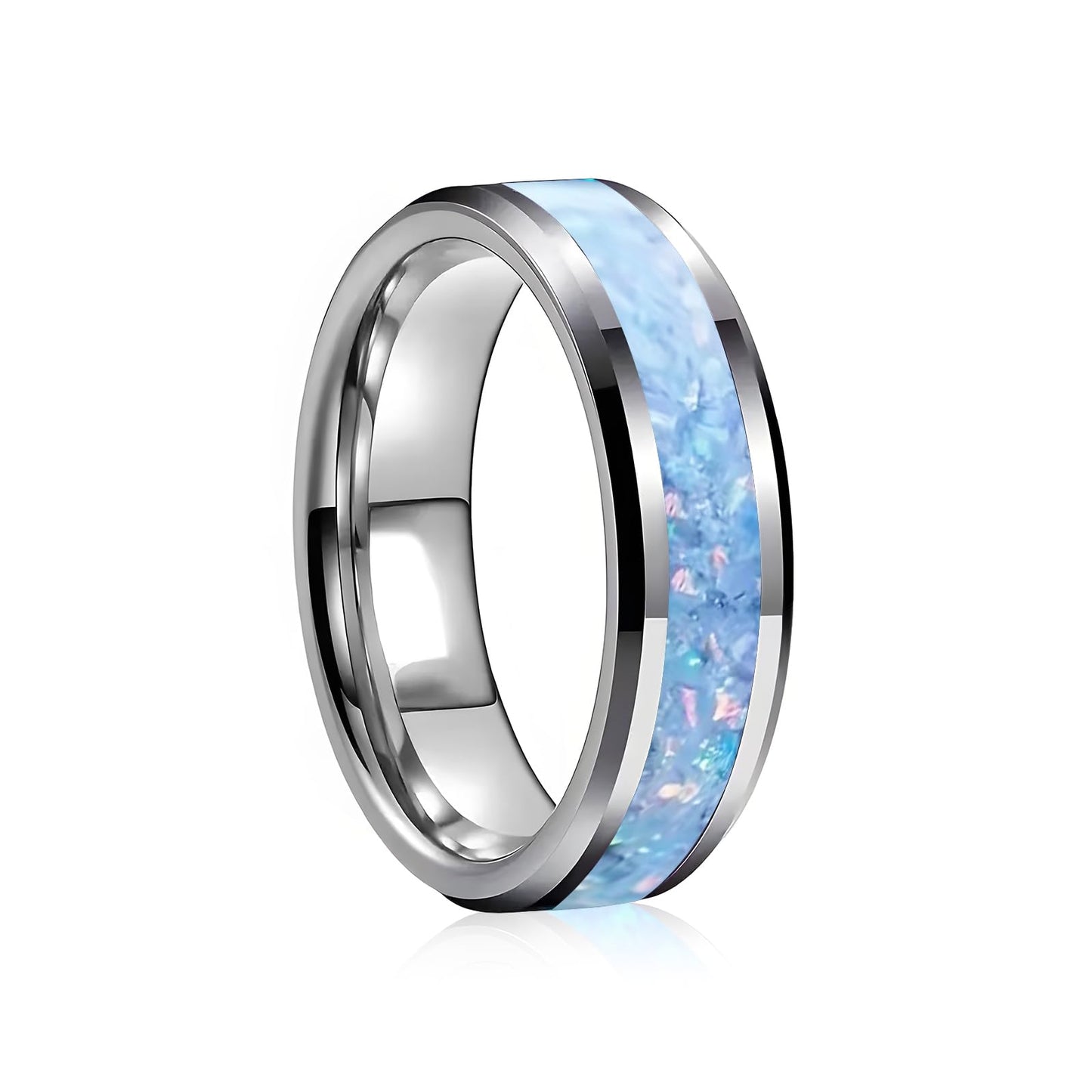 HJIMMNHONG New Opal Fashion Ring Double Beveled Edge Delicate Polished Stainless Steel Simple Mens and Women Rings, Width 8mm,Blue, Size 10