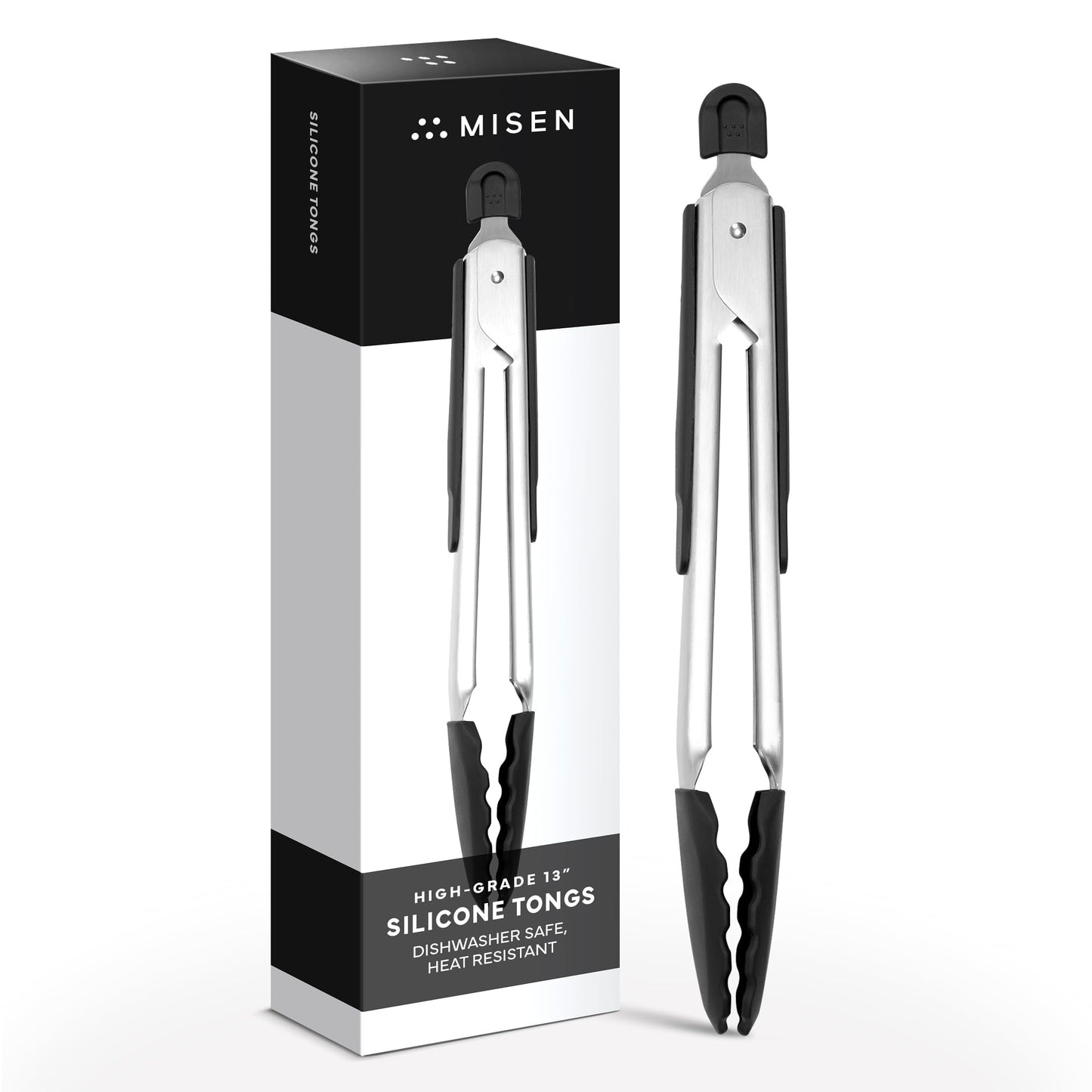 Misen Kitchen Tongs - Dishwasher Safe, Heavy Duty - Precision Silicone-Tipped Grilling Tool - Heat Resistant, Nonstick Safe - Perfect for Serving and Air Frying- 13 Inch | Black