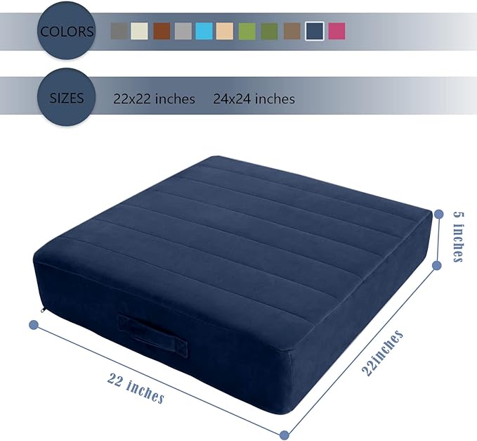MeMoreCool Square Floor Pillow Seating for Adults Kids, Large Meditation Cushion Floor Pillow with Thick Foam & Soft Tufted Cover, Washable Big Pillow Seat Floor Cushion for Sitting Yoga 22" Navy