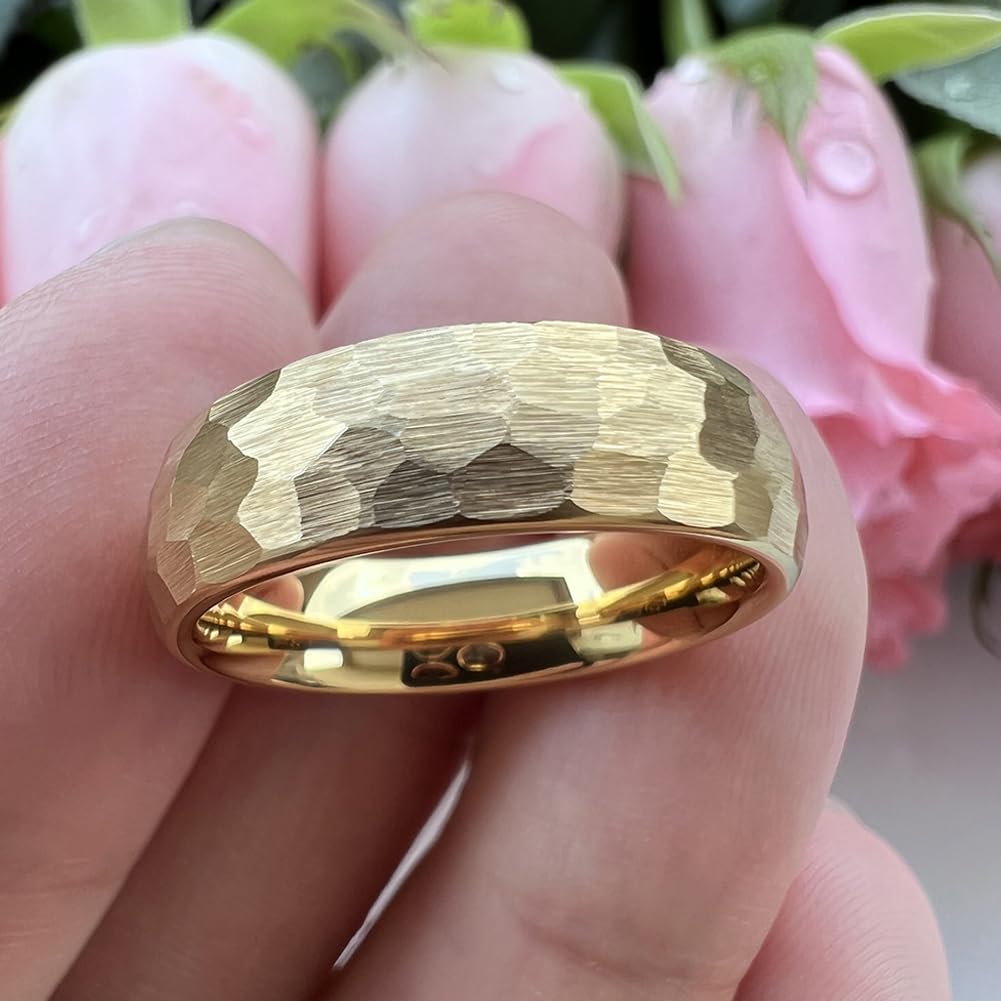 TUTISS 6mm Gold Hammered Tungsten Rings for Men Women Engagement Wedding Bands Domed I Love You Engraved Comfort Fit Size 8