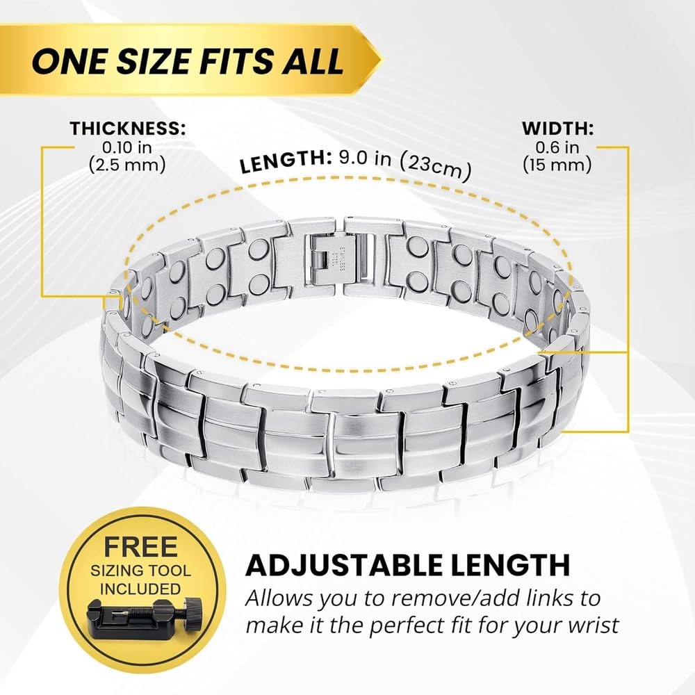 MagnetRX® Ultra Strength Magnetic Bracelet - Effective Stainless Steel Magnetic Bracelets for Men - Adjustable Bracelet Length with Sizing Tool for Perfect Fit (Silver)