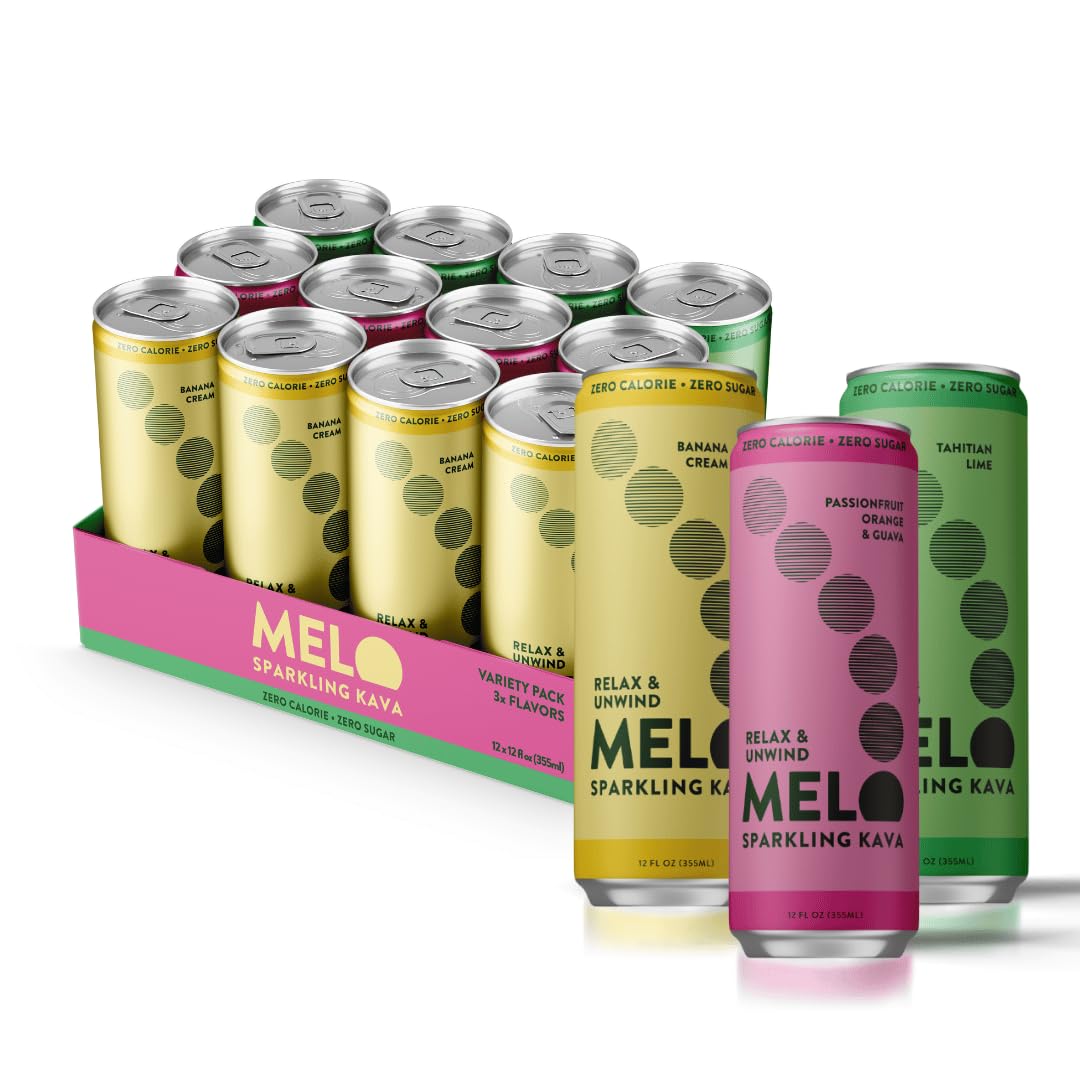 Melo Sparkling Kava Drink, Variety Pack, Sugar Free Non Alcoholic Drinks with Zero Calories, Gluten Free, Vegan, 100% Natural Mocktail with 750mg Kava Root per Drink, 12 Pack, 12 oz Cans