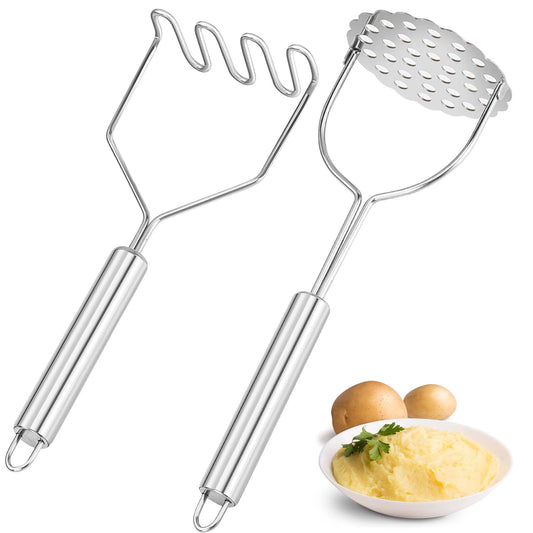 VOOVAO 2 Pcs Potato Smasher, Mashed Potato Masher, Stainless Steel Masher Kitchen Tool for Avocado, Bean, Fruit, Vegetables, Food
