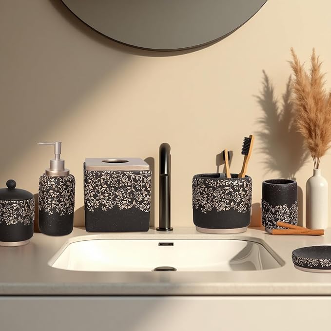 6-Piece Bathroom Accessories Set – Soap Dispenser, Toothbrush Holder, Tumbler, Soap Dish, Cotton Swab Jar & Toilet Brush – Modern Bathroom Decor Set (Stella)