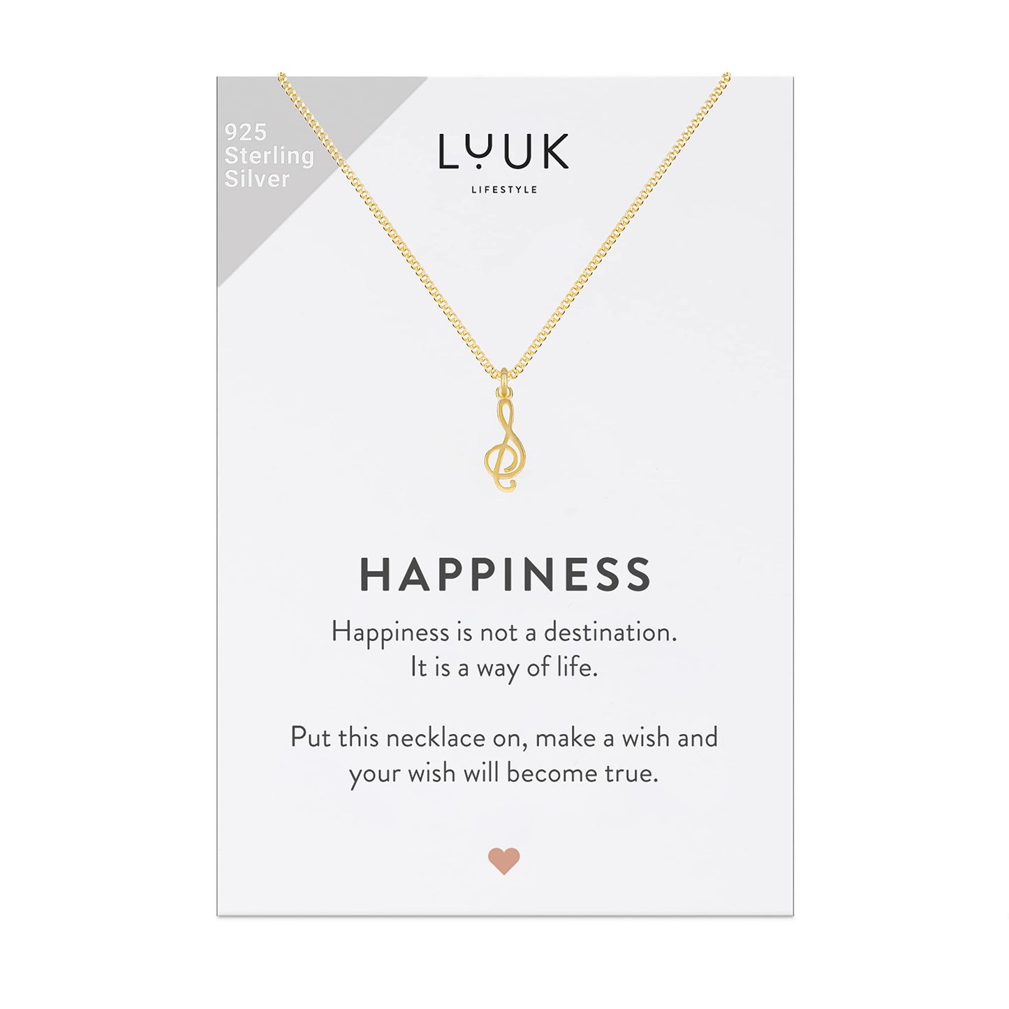 LUUK LIFESTYLE 925 sterling silver necklace with music key | treble clef pendant and HAPPINESS card, jewelry with a musical motif for her, gift idea for friend, music fan, birthday, gold