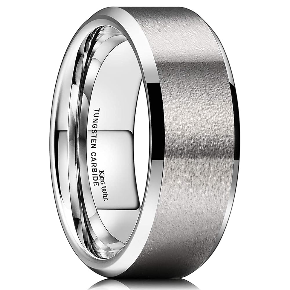 King Will 8mm Men's Silver Wedding Ring - Brushed Matte Surface, Beveled Polished Edge, Comfort Fit Size 13
