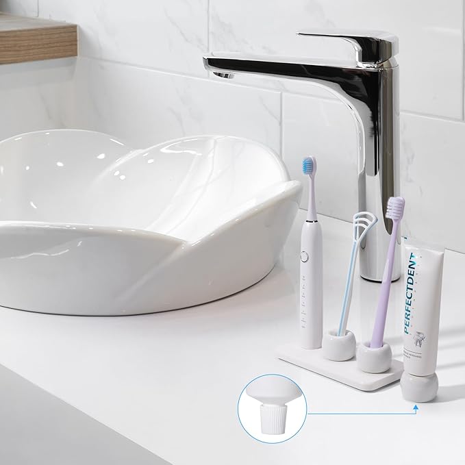 3 Pack Mini Ceramic Toothbrush Holder Stand with 1 Pack Water Absorbing Stone for Bathroom Vanity Countertop, Toothbrush Organizer, White