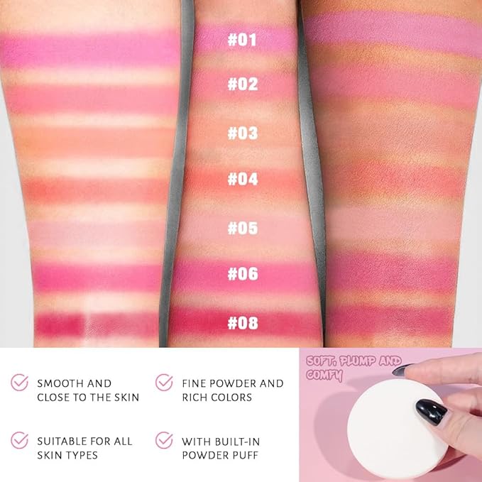 Natural Single Matte for Face Cheeks Blush with Makeup Powder Puff,Bright Red Monochrome Blusher Cream Powder Makeup Palette Blush Long-lasting Color Blendable Foundation for Women Every Day 08