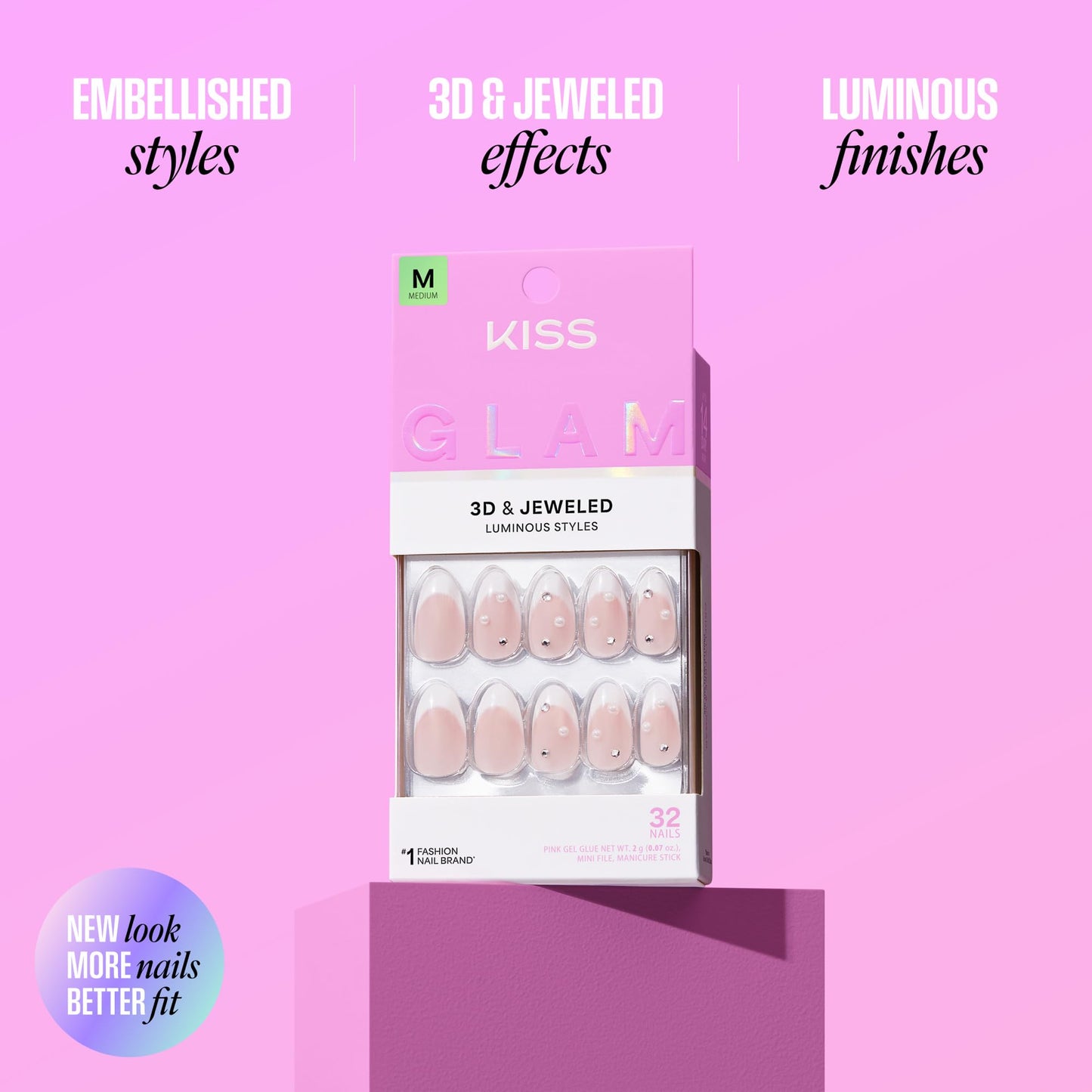 Kiss Glam, Press On Nails, Nail glue included, 'Seraphic', Blue, Long Size, Coffin Shape, Includes 32 Nails, 2g Glue, 1 Manicure Stick, 1 Mini File