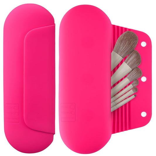 Silicone Makeup Brush Holder Travel Cosmetic Bag：Soft Portable Cosmetic Face Brushes Holder with Upgrade Anti-Fall Out Magnetic Closure, Large Travel Makeup Brush Case - Babbie Pink