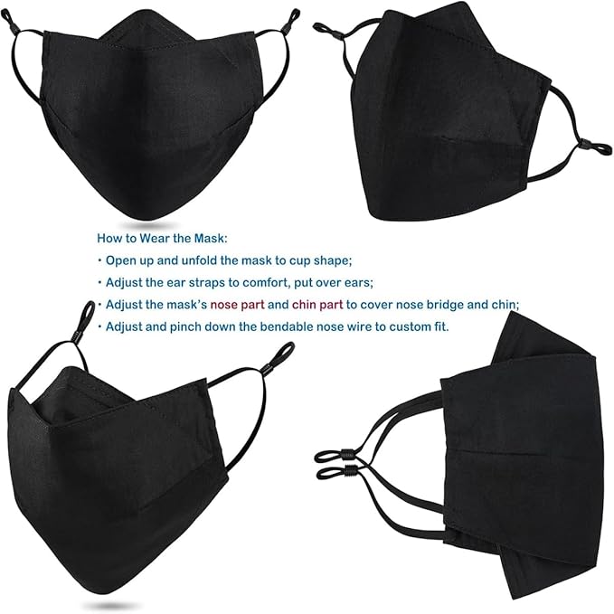Yarehand 3-Ply Organic Cotton Cloth Face Mask Reusable Washable, Face Masks Adjustable Ear Loops Nose Wire Filter Pocket, Pack of 5 No Fog/Dust for Unisex Adult (5 Color)