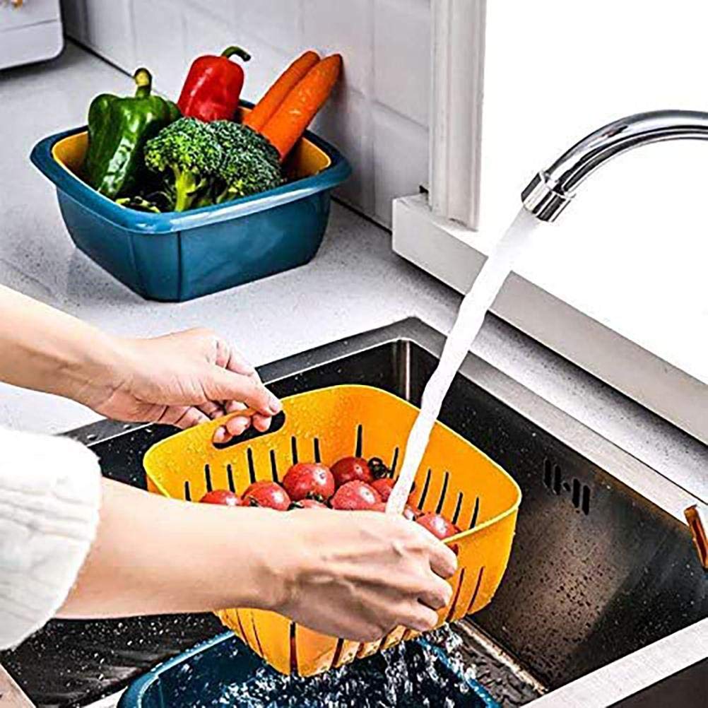 Colander Set with Strainer Bowl, Kitchen Colander with Lid Household Double Layer Fruit Washing Basket Multifunction Storage Containers for Fruits Vegetable (Blue)
