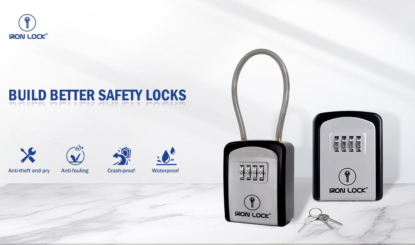 Iron Lock® Key Lock Box Portable with Cable Shackle – Small Waterproof Heavy-Duty Metal Safe with 4-Digit Combination for Spare Keys Outside on Door Knob, Fence, Pipe or Gate (Grey, Small)