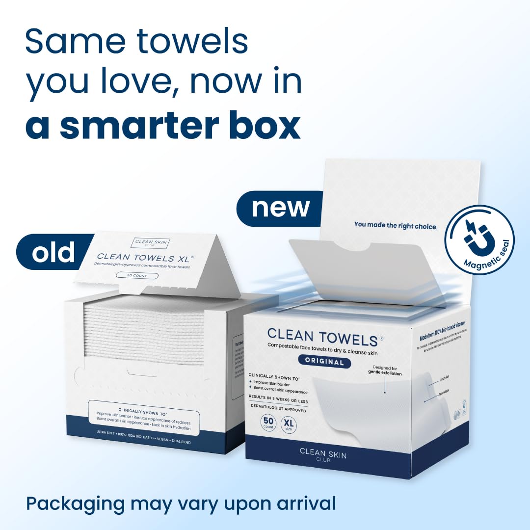 Clean Skin Club Clean Towels XL™, 100% USDA Biobased Face Towel, Disposable Face Towelette, Eczema Association Accepted, Makeup Remover Dry Wipes, Ultra Soft, 50 Ct, 1 Pack