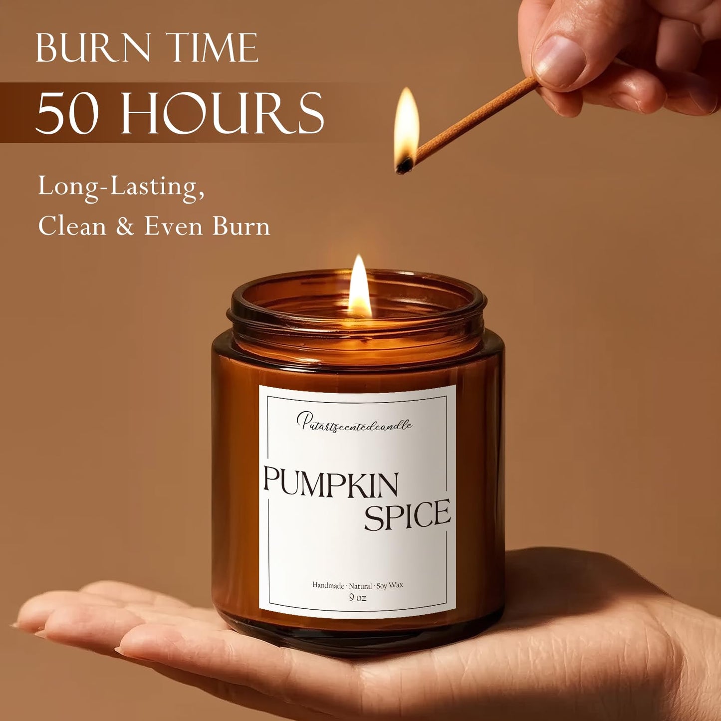 Putart Pumpkin Spice Scented Candles for Home, Natural Soy Wax Aromatherapy Non Toxic Pumpkin Fall Candle Gifts for Women Men, Autumn Amber Glass Jar Candle Decoration for Halloween Holidays (9oz