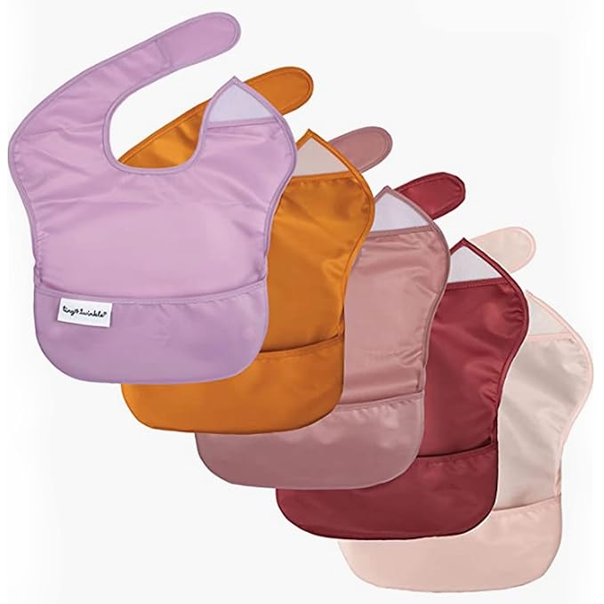Tiny Twinkle Mess-Proof Baby Bibs for Eating | Waterproof, Wipeable Toddler Bibs with Catch-All Pocket | Feeding Bibs for Girls & Boys(5 Pack,Girl Solids)