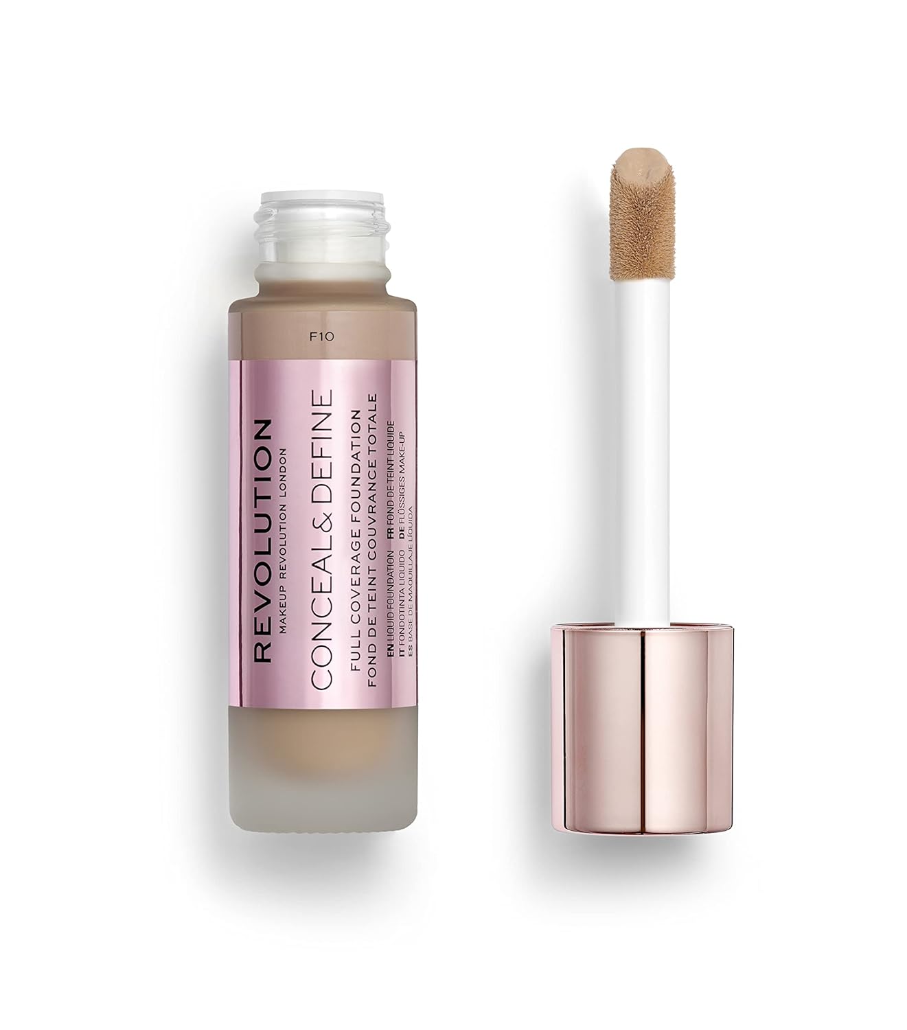 Makeup Revolution Conceal & Define Foundation, Cream Foundation Makeup, Full Coverage, For Medium Skin Tones, Vegan & Cruelty-Free, F10, 23ml
