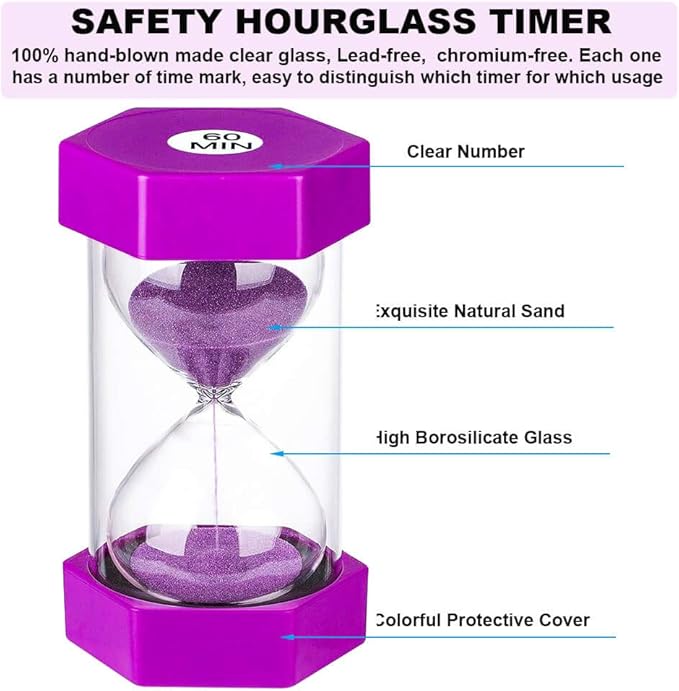 Sand Timer 60 Minutes Hourglass Timer, Giant Purple Sand Clock 60 Minutes, Plastic 1 Hour Glass Colorful Sandglass Timer for Kids, Games, Classroom, Kitchen, Decor