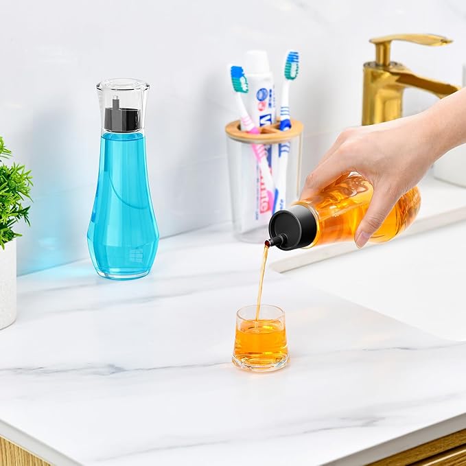 VITVITI Glass Mouthwash Dispenser for Bathroom, 8.8OZ Mouth Wash Container Bottle with Lid Cup, Small Clear Refillable Mouthwash Dispenser Decanter for Countertop, Black
