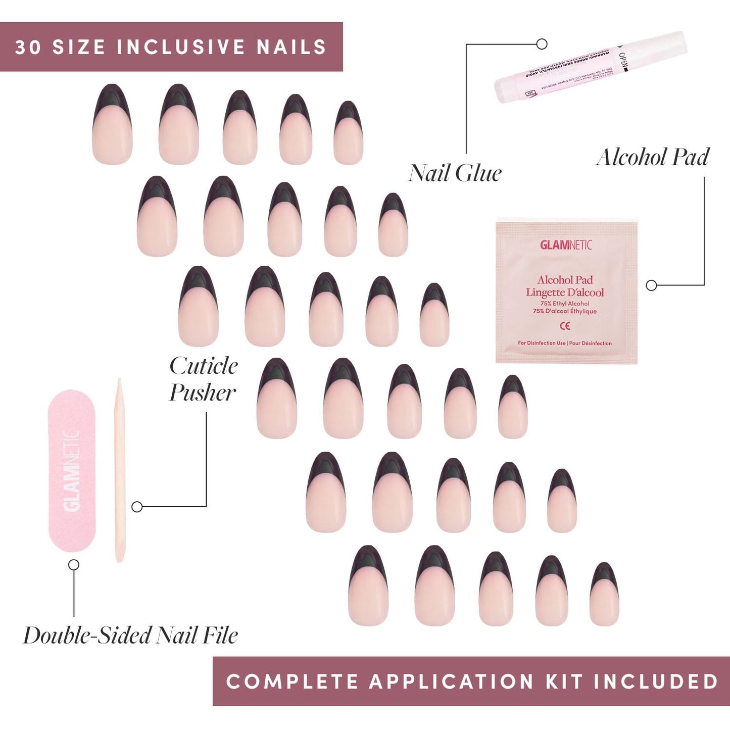 Glamnetic Press-On Nails Bundle - Cutie Pine, Fall Mauve & Caviar | Medium Almond Fake Nails in Deep Evergreen with a Pearl Chrome Finish | Muted Blush Mauve Short Oval False Nails | Short Almond Blac