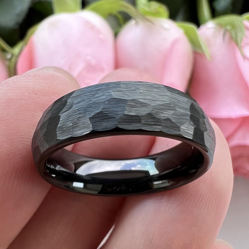TUTISS 6mm Black Hammered Tungsten Rings for Men Women Fashion Engagement Wedding Bands Domed Matte Finish Comfort Fit Size 6