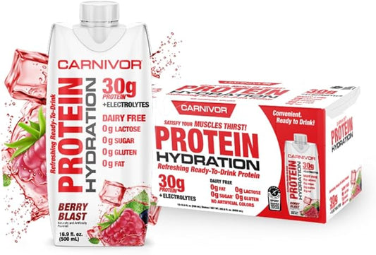 MuscleMeds Carnivor Protein Hydration RTD, Refreshing Ready to Drink, 30 g Isolate Protein, Lactose Free, Sugar Free, Electrolytes, Muscle Building, Recovery, Halal Certified, Berry Blast, 16.9 Fl Oz