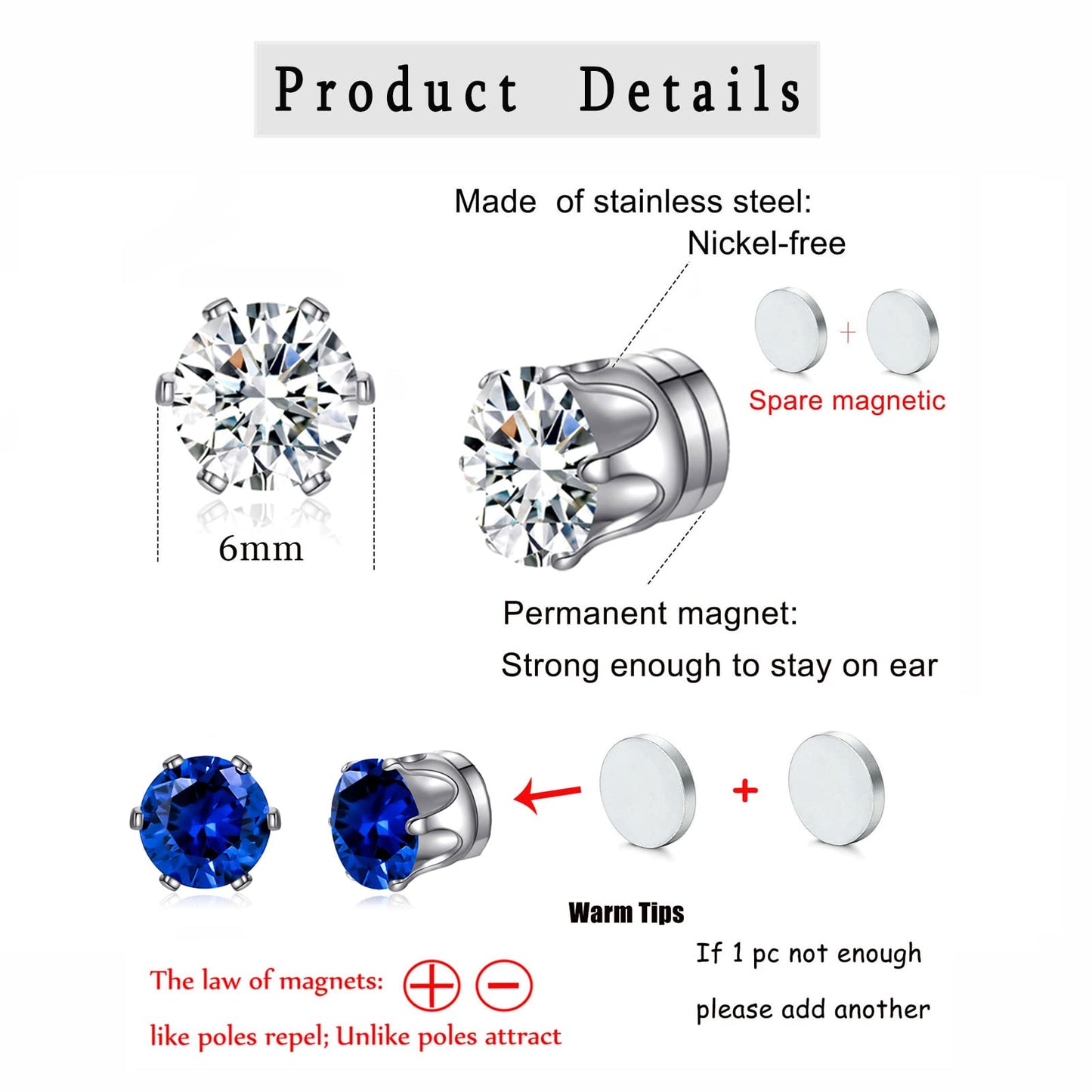 Spiritlele 12 Pairs Black Cubic Zirconia Magnetic Earrings Clip on Non Piercing Earrings Set Unisex