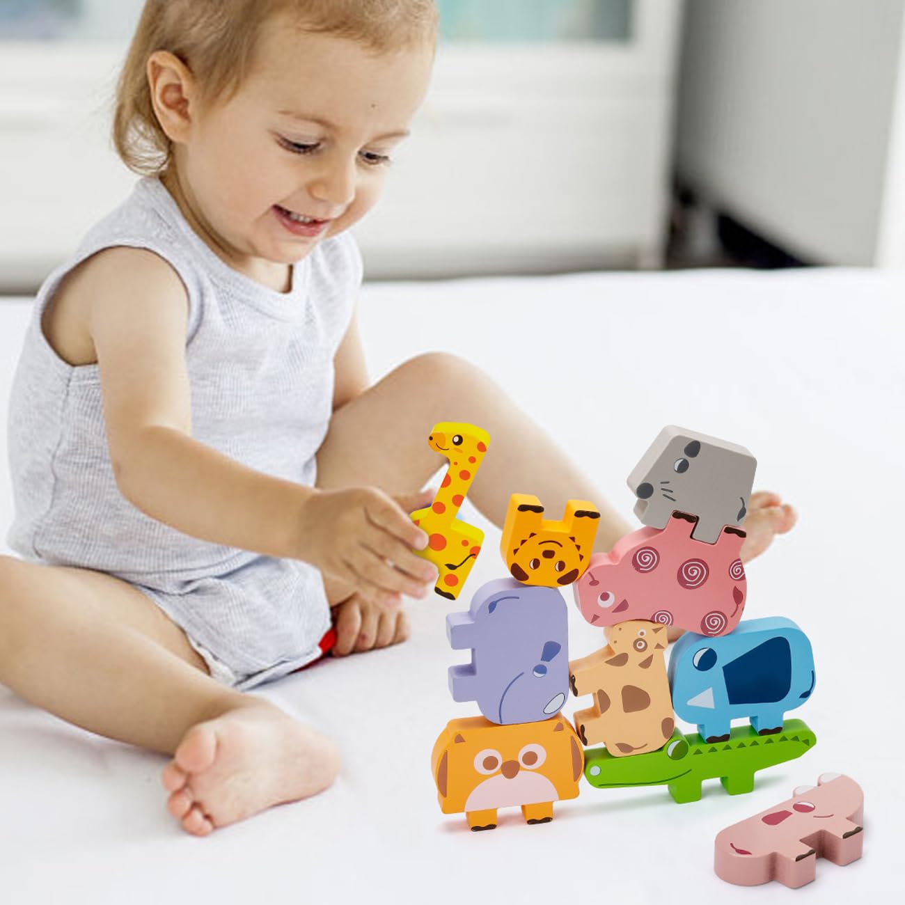 Montessori Toys for 2 3 4 Year Old Boys & Girls, Wooden Animal Stacking Blocks for Toddlers 1-3 – Building Blocks Game Stacking & Sorting Toys Ages 2-4 Toddler Birthday Gifts