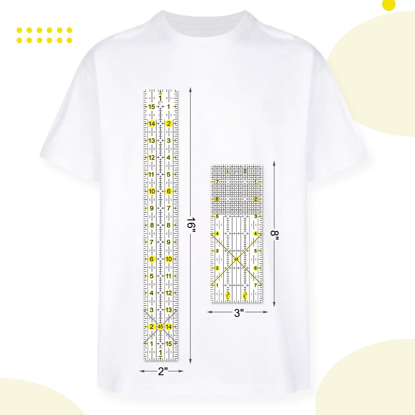 Quilting Ruler, 8 Piece Acrylic Quilting Templates, Sewing Ruler, Fabric Cutting Ruler with Non-Slip Rings, Quilting and Sewing (6"x17", 3"x17", 2"x16", 1.5"x12", 1"x12", 1"x6", 8"x3") (Yellow)