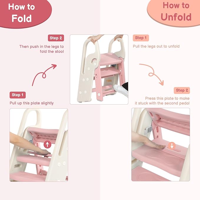 Onasti Foldable Toddler Step Stool for Bathroom Sink, Adjustable 3 Step Stool for Kids Toilet Potty Training Stool with Handles, Child Kitchen Counter Stool Helper, Plastic Ladder for Toddlers Pink