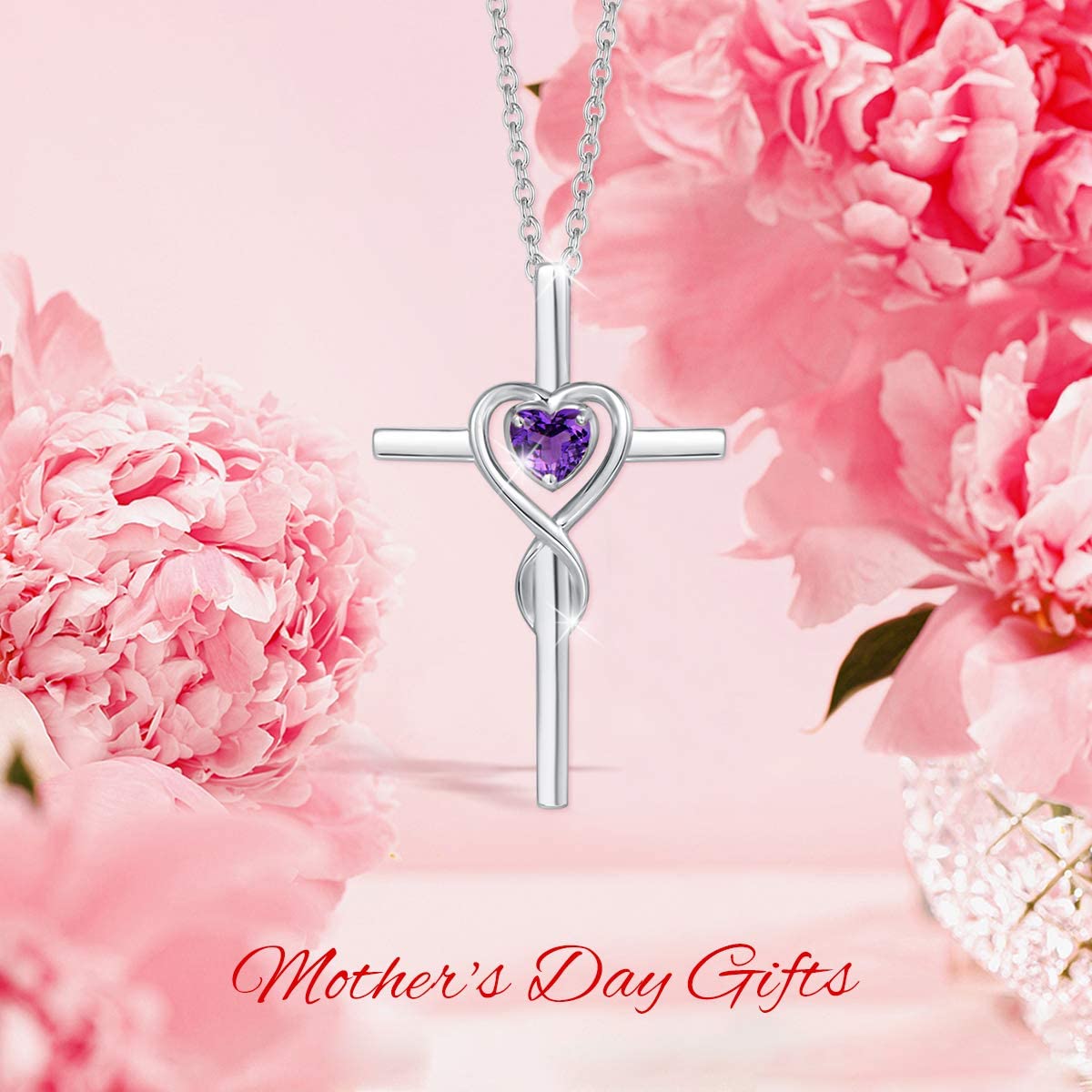FANCIME Amethyst Cross Necklace For Women Sterling Silver February Birthstone Necklace Amethyst Heart Infinity Cross Pendant Fine Jewelry Gifts for Women
