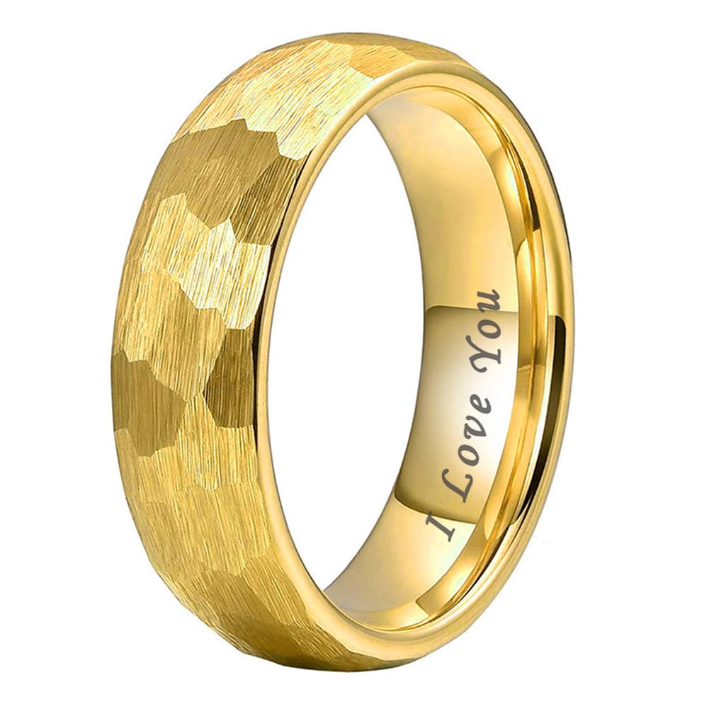 TUTISS 6mm Gold Hammered Tungsten Rings for Men Women Engagement Wedding Bands Domed I Love You Engraved Comfort Fit Size 9