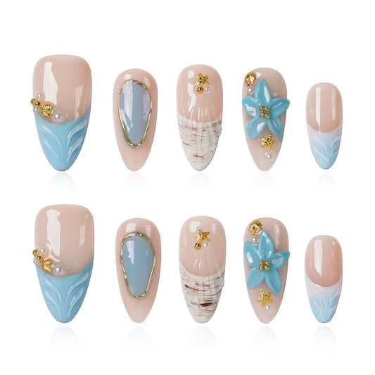 Tesytto Handmade Press on Nails Almond Shape Glossy Reusable False Nails for Nail Art (Coastal Bloom Melody, M)