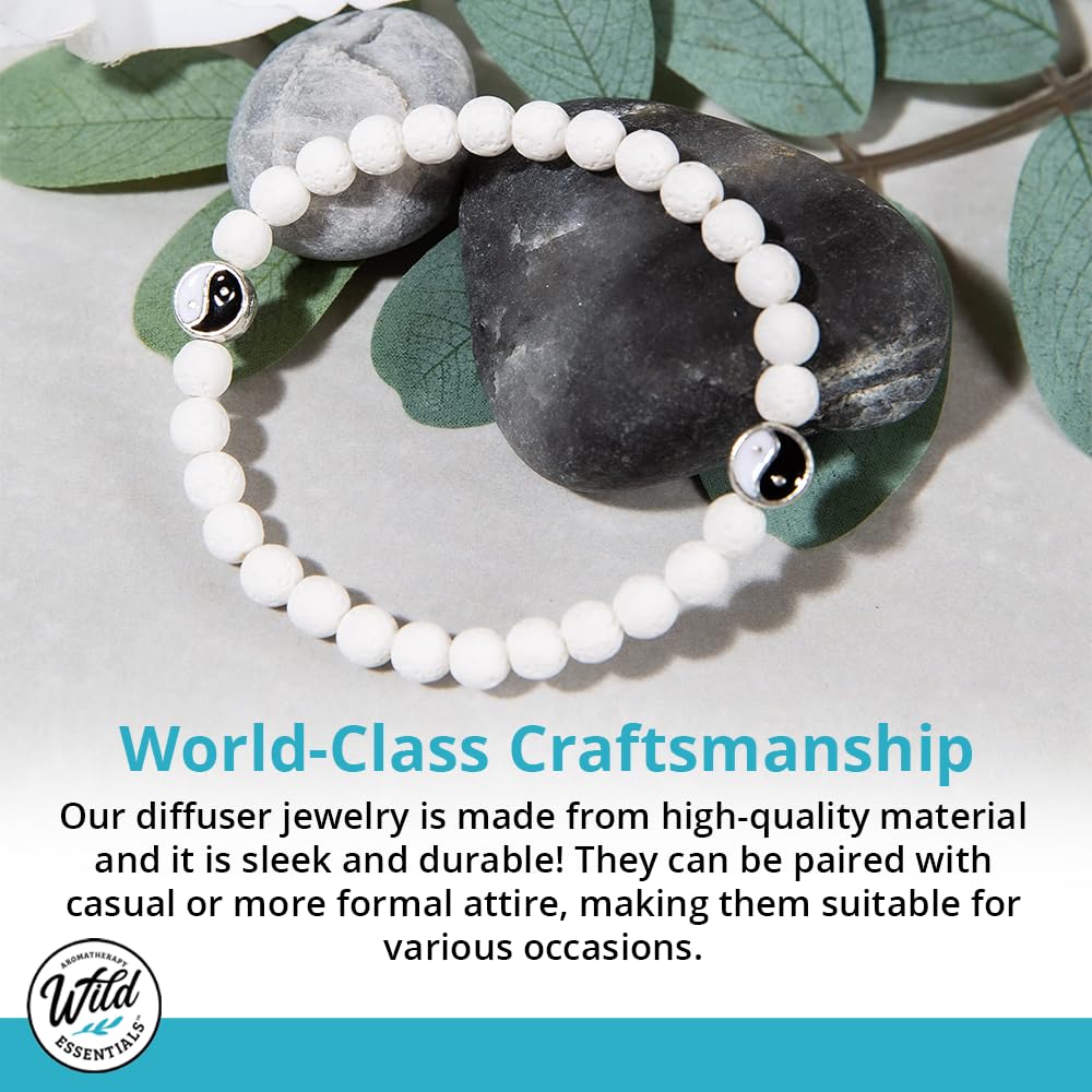Wild Essentials 2 Bracelet Set, Yin Yang Lava Stones, White, Black, Expandable up to 8 inches, Aromatherapy Jewelry for Women, Men, Best Friends, His and Hers, Essential Oil Diffuser, Grounding Calm