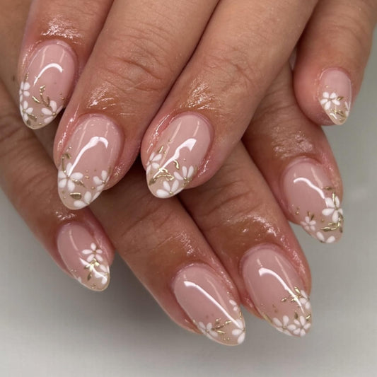 evpct 3D Nude Pink Press on Nails Short Almond No Glue with Gold White Flower Design, Short Almond Stick on Nails for Women Gift with Kit, Reusable Soft Acrylic Press on Fake Nail with Floral Design
