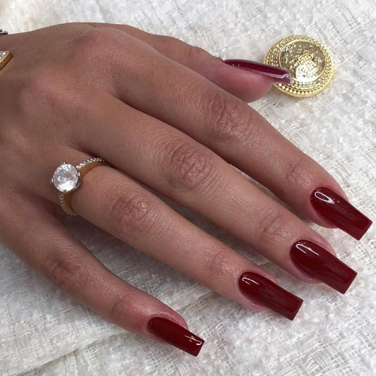Wine Red Press On Nails Medium Long Square, Xcreando Medium Coffin Nails Acrylic Press ons Glue on Nails, Solid Color Fake Nail for Women, Natural Thick Artificial Stick on