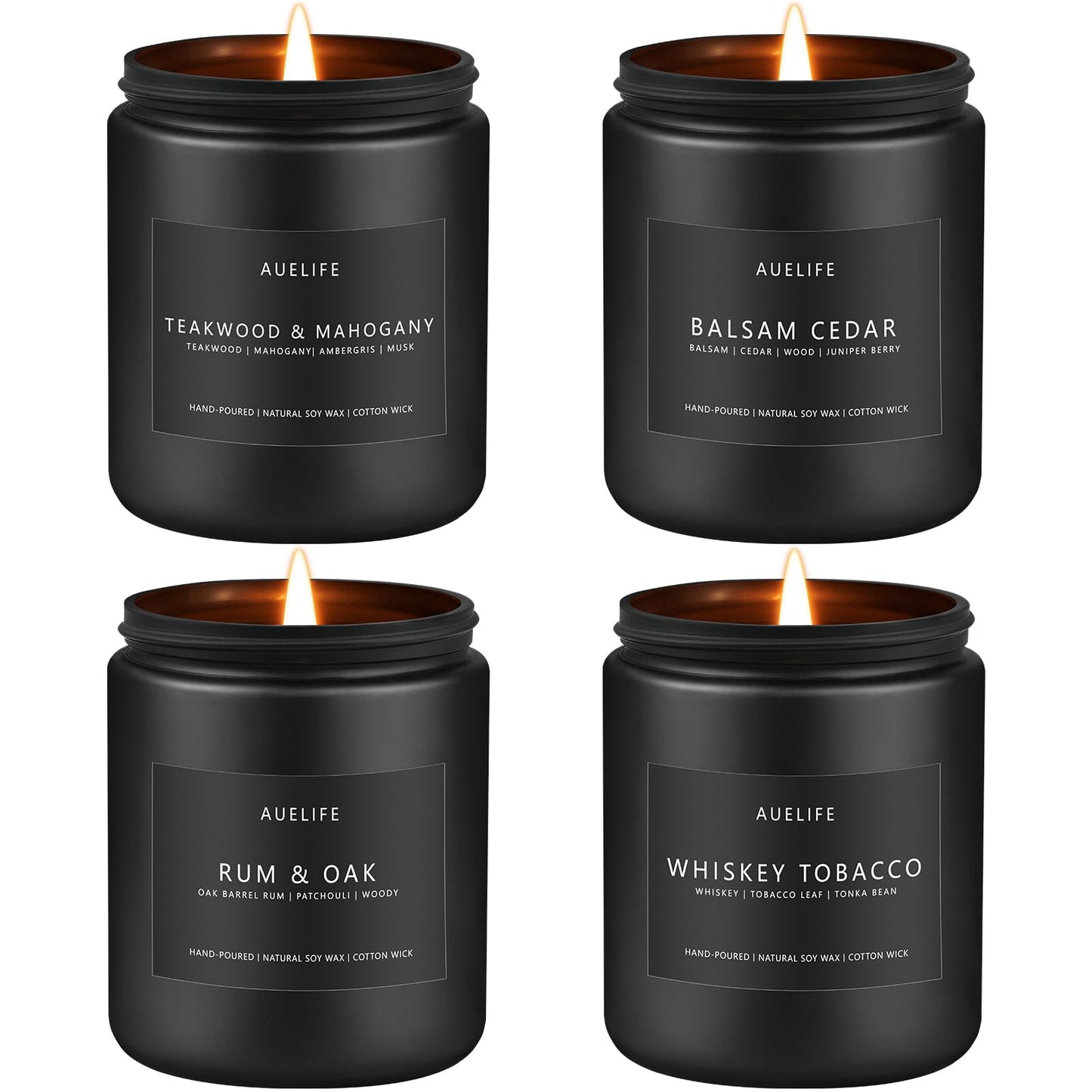 Scented Candles Set | Candle Gifts for Men - Masculine Candle, Soy Candles for Home Scented - 4 Pack Aromatherapy Gift for Dad Fathers Day- Scent of Teakwood & Mahogany/Whiskey Tobacco/Rum & Oak/Cedar