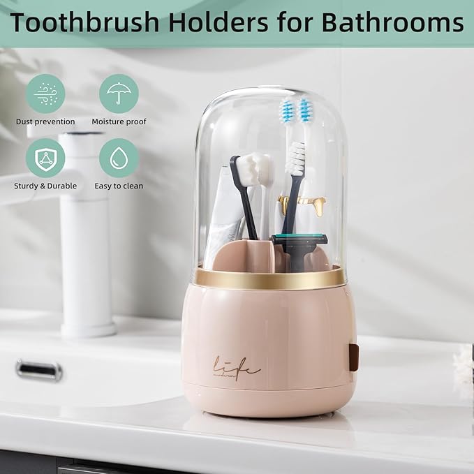 Toothbrush Holders for Bathrooms, Rotating 7 Slots Electric Toothbrush Holders with Cover, Countertop Toothpaste Organizers (Pink)
